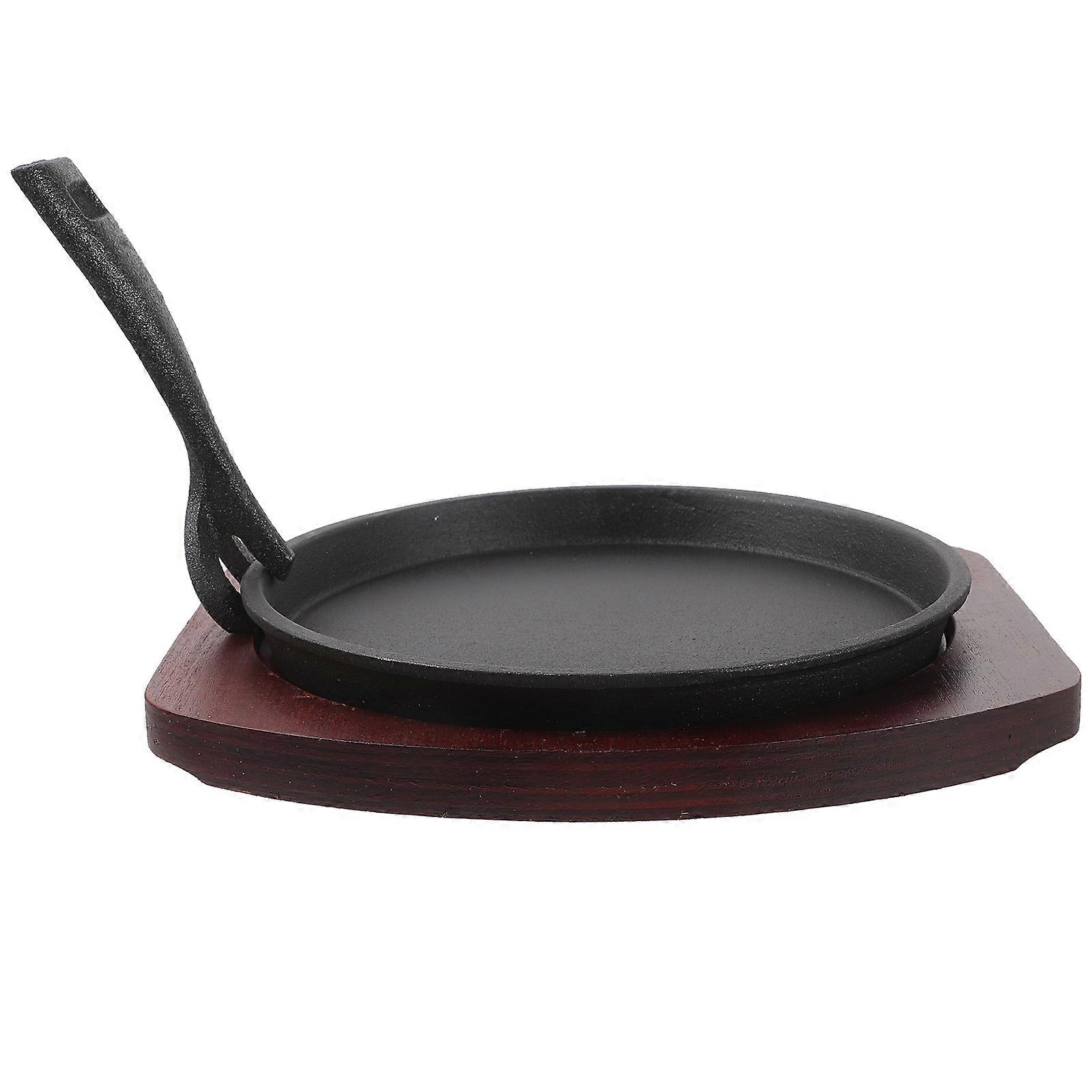Iron Grill Pan with Wooden Base Non Stick Serving Plate for Steaks, Fish & BBQ, & Versatile for Home, Restaurant & Party Use