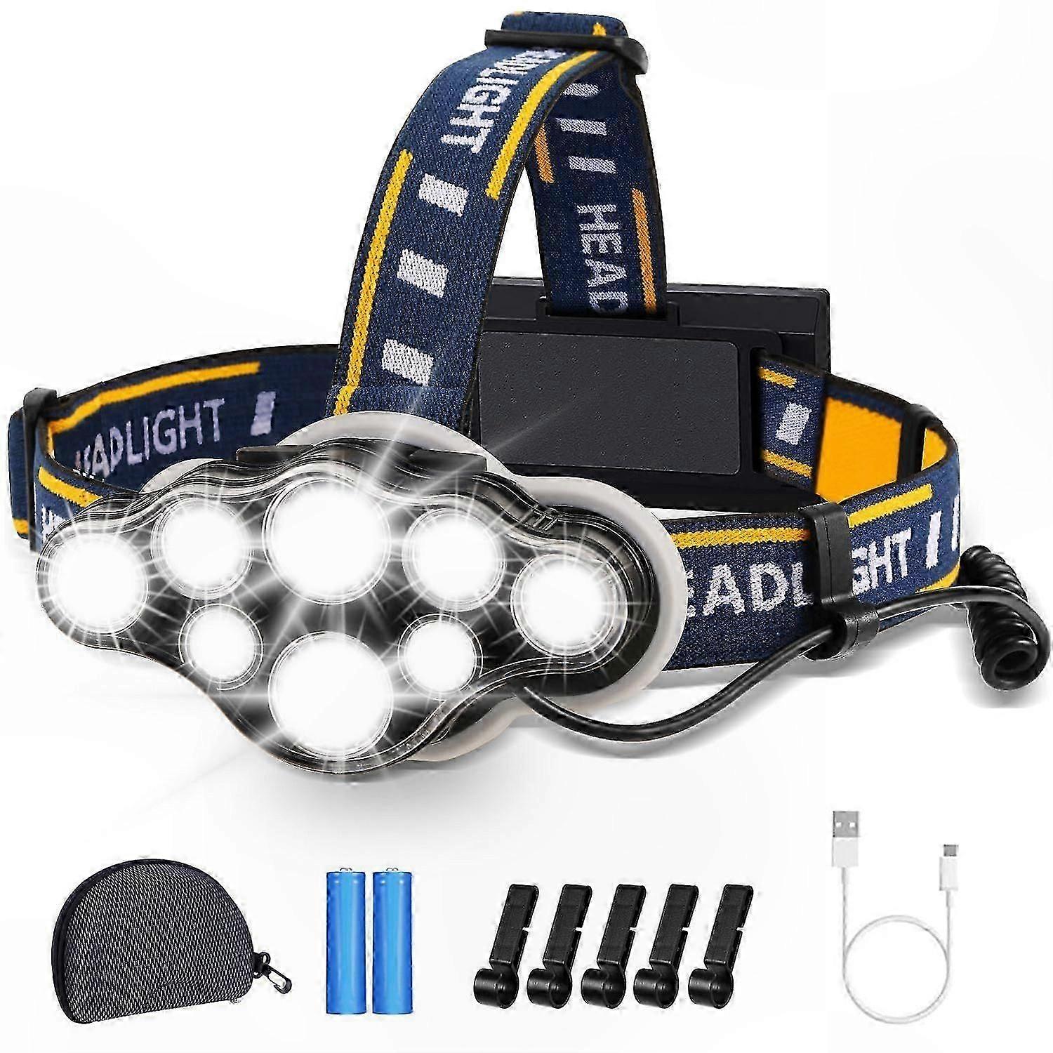 LED Headlamp with 8 Modes, 18000 Lumens, Red Warning Light for Outdoor Activities