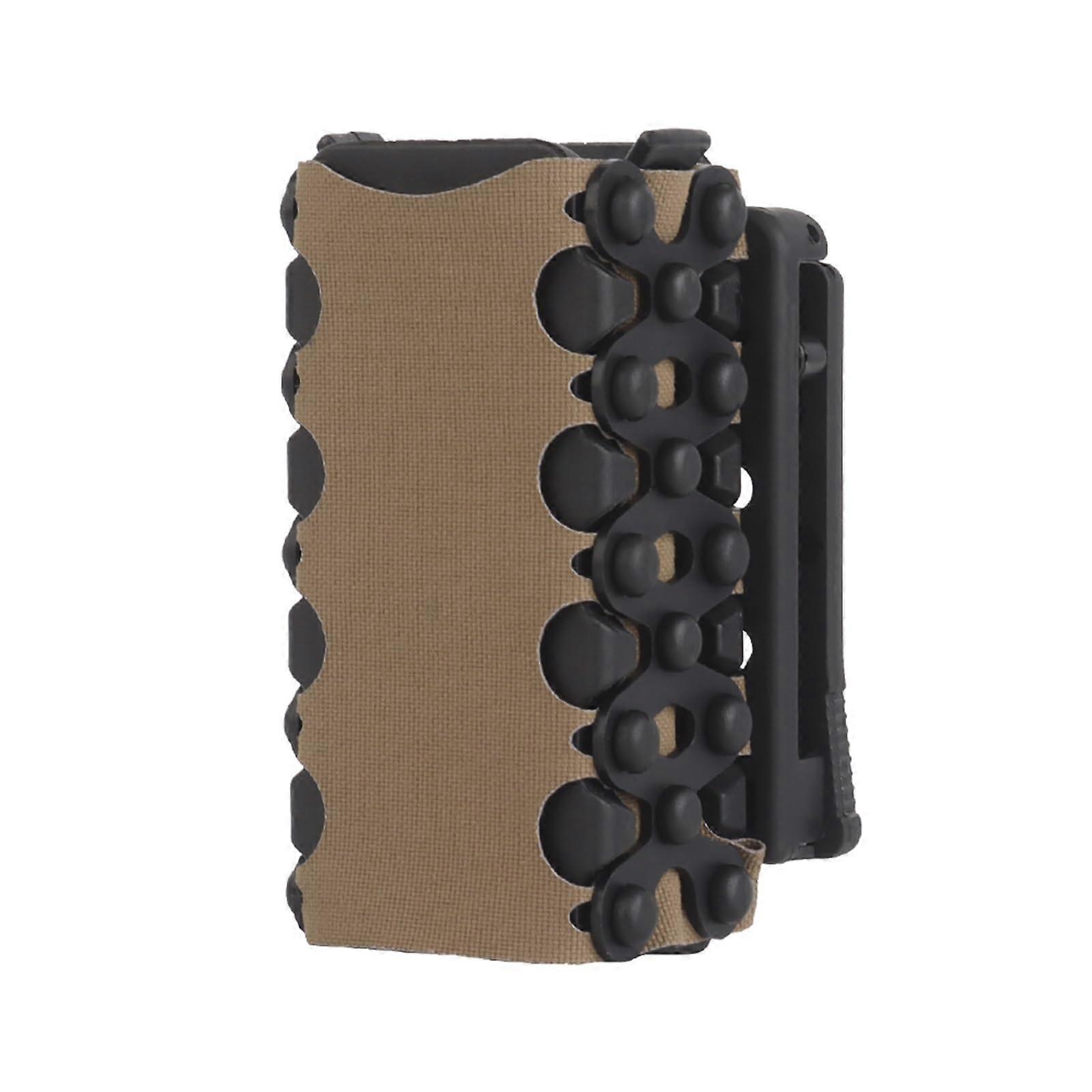 9mm pistol magazine pouch, MOLLE and belt clip mounting with adjustable elastic for shooting range, outdoor, and airsoft in tan.