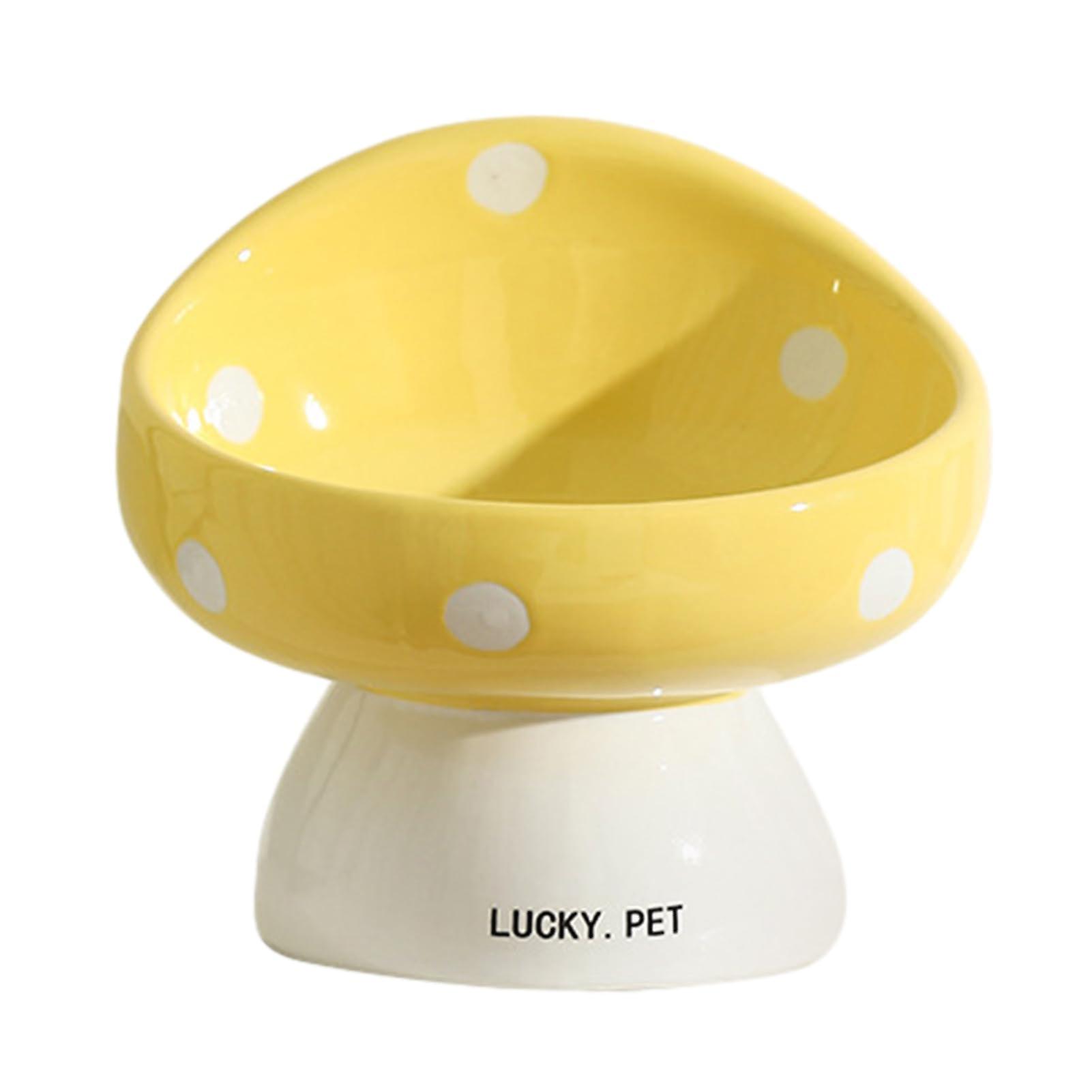 Cat Food Bowl 200ml Ceramic Raised Shallow Whisker Friendly Elevated Feeder And Waterer Mushroom Design Yellow