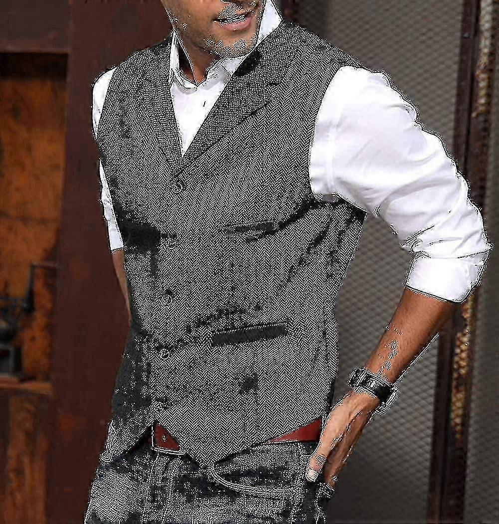 Herringbone Vest For Men Notch Lapel Wool/tweed Waistcoat