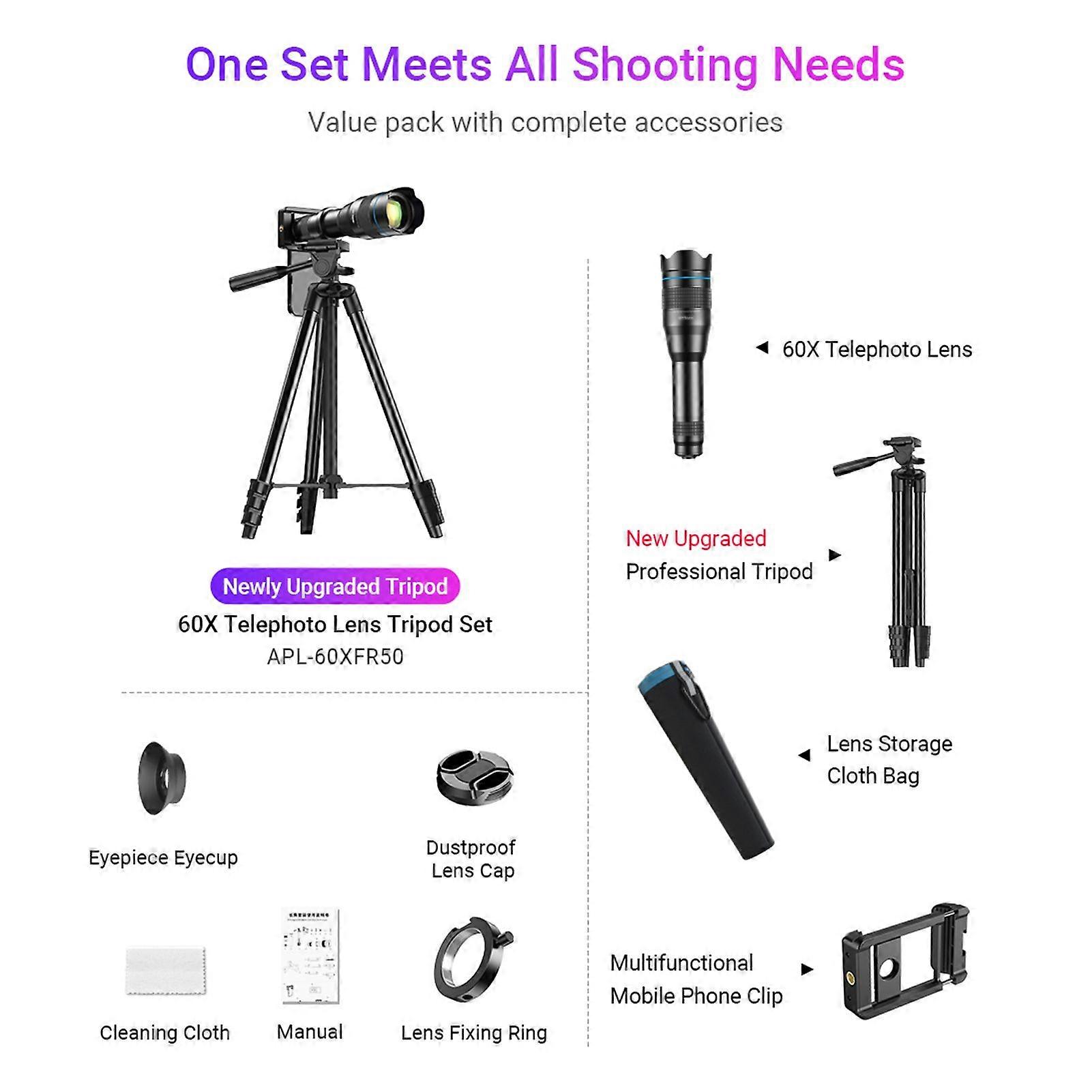 APEXEL APL-60XFR50 4K HD 60X Metal Monocular Telescope 50mm Telephoto Lens Multi-layer Coating with Tripod Stand & Phone Clip for Bird Watching/ Starg