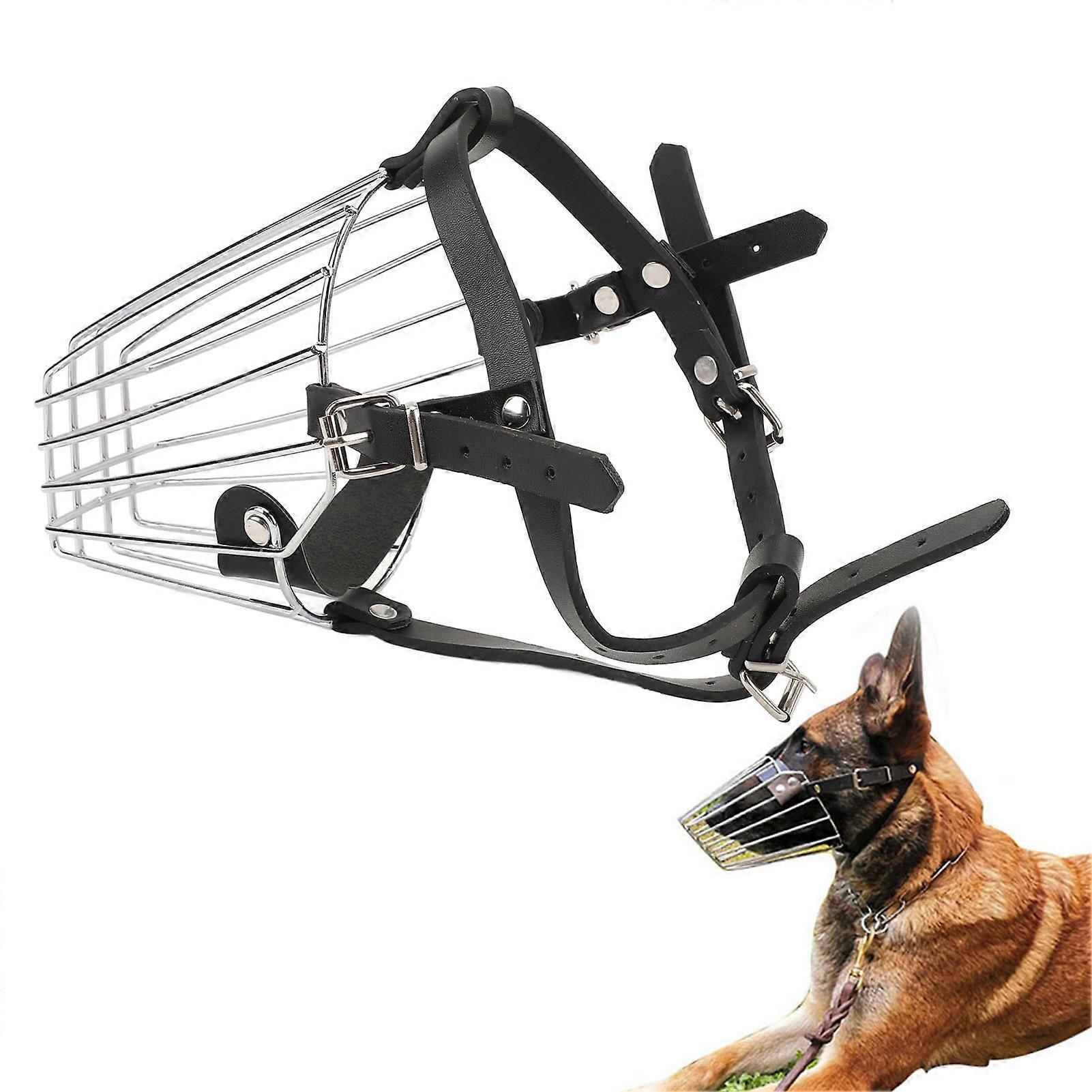 Adjustable Stainless Steel Basket Dog Muzzle with Leather Strap for Medium-Large Dogs