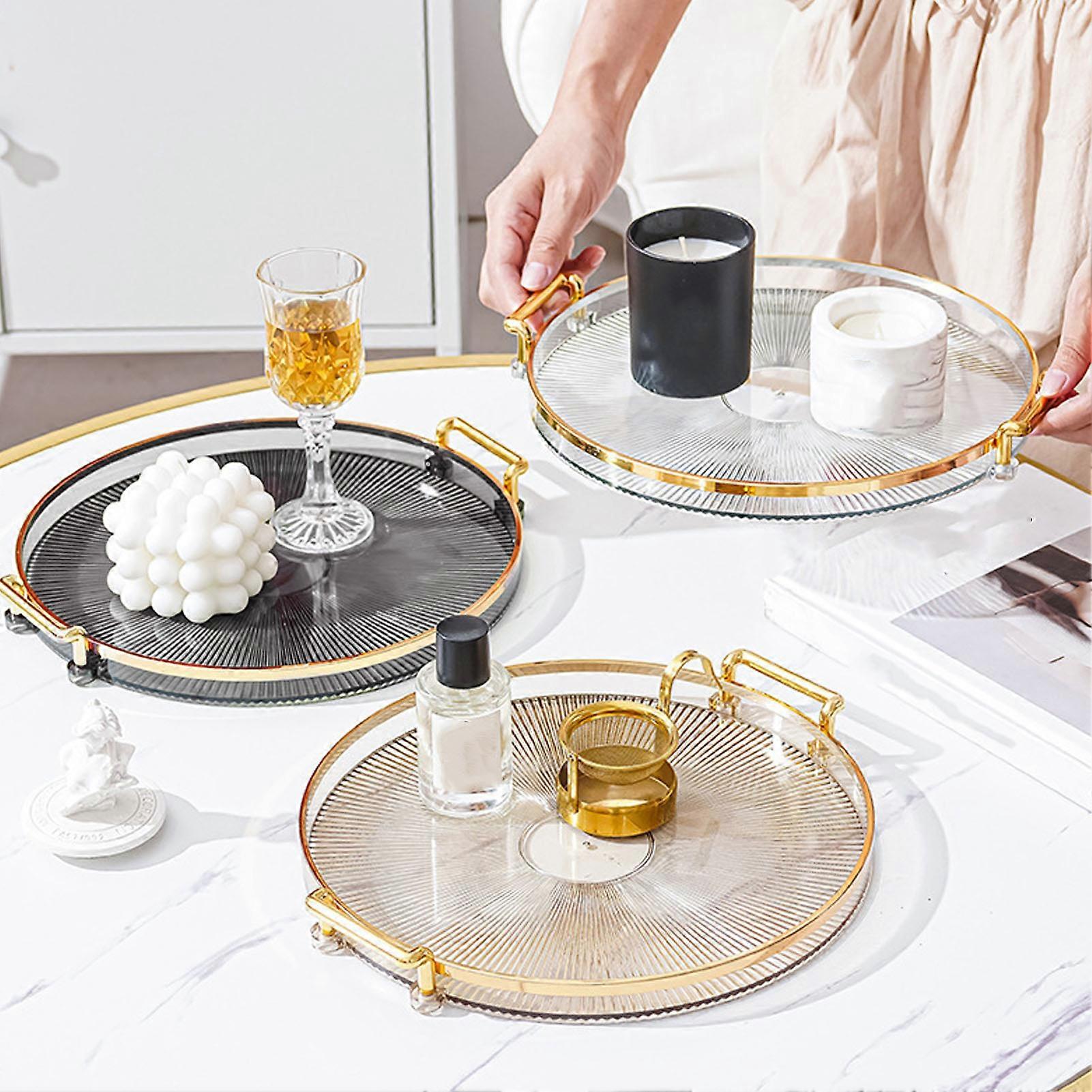 Round Transparent Serving Tray with Gold Handle 30cm x 3.5cm