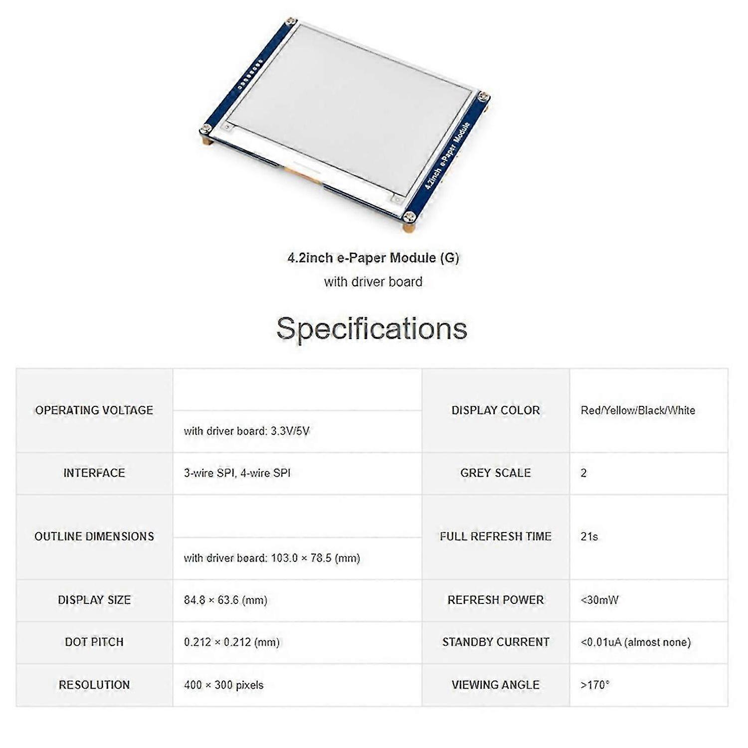 4.2inch E-Paper E-Ink Display Module 4.2inch E-Paper Module (G) , 400x300, Red / Yellow/ Black / Whi