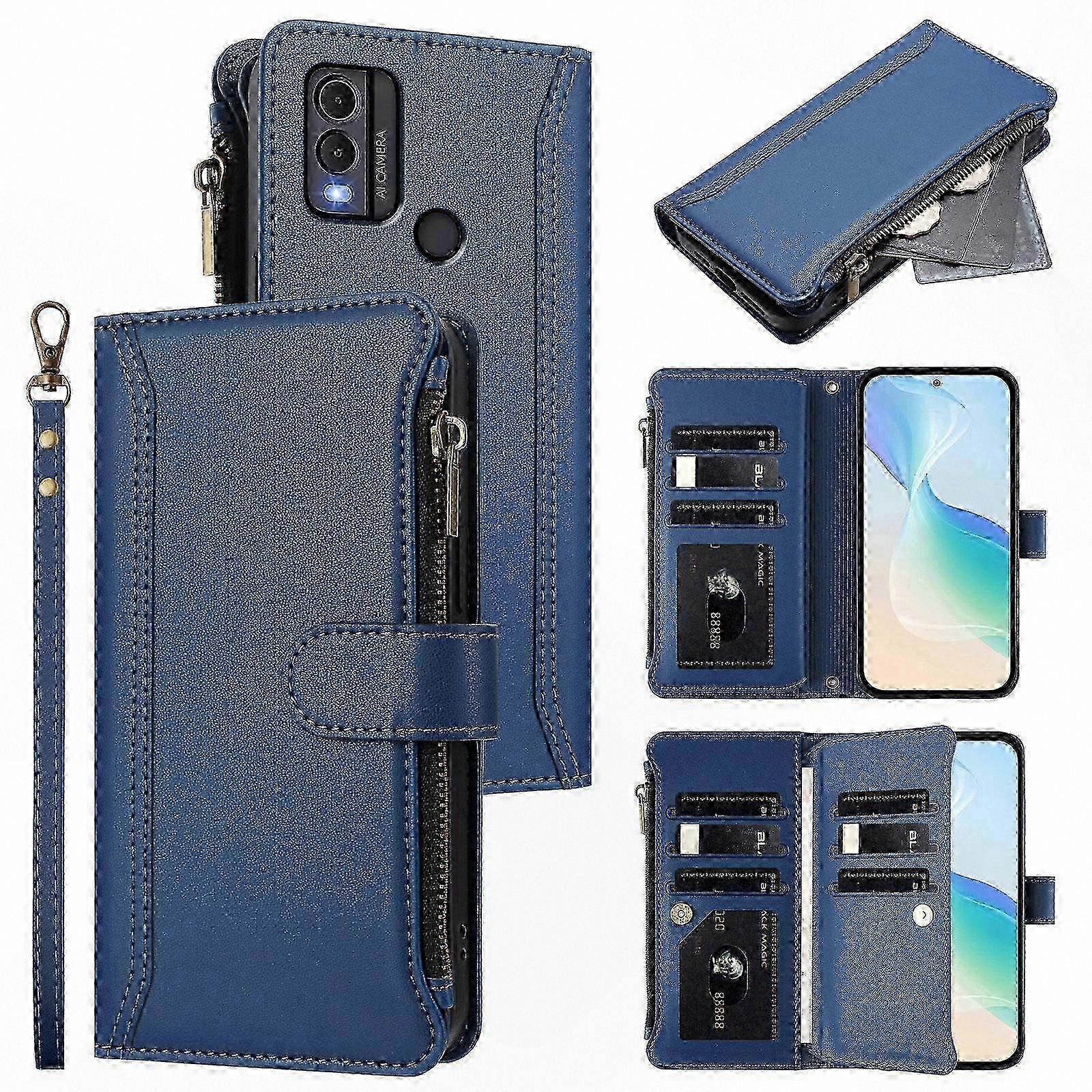 Magnetic Closure Leather Case with Hand Strap and 9 Card Slots