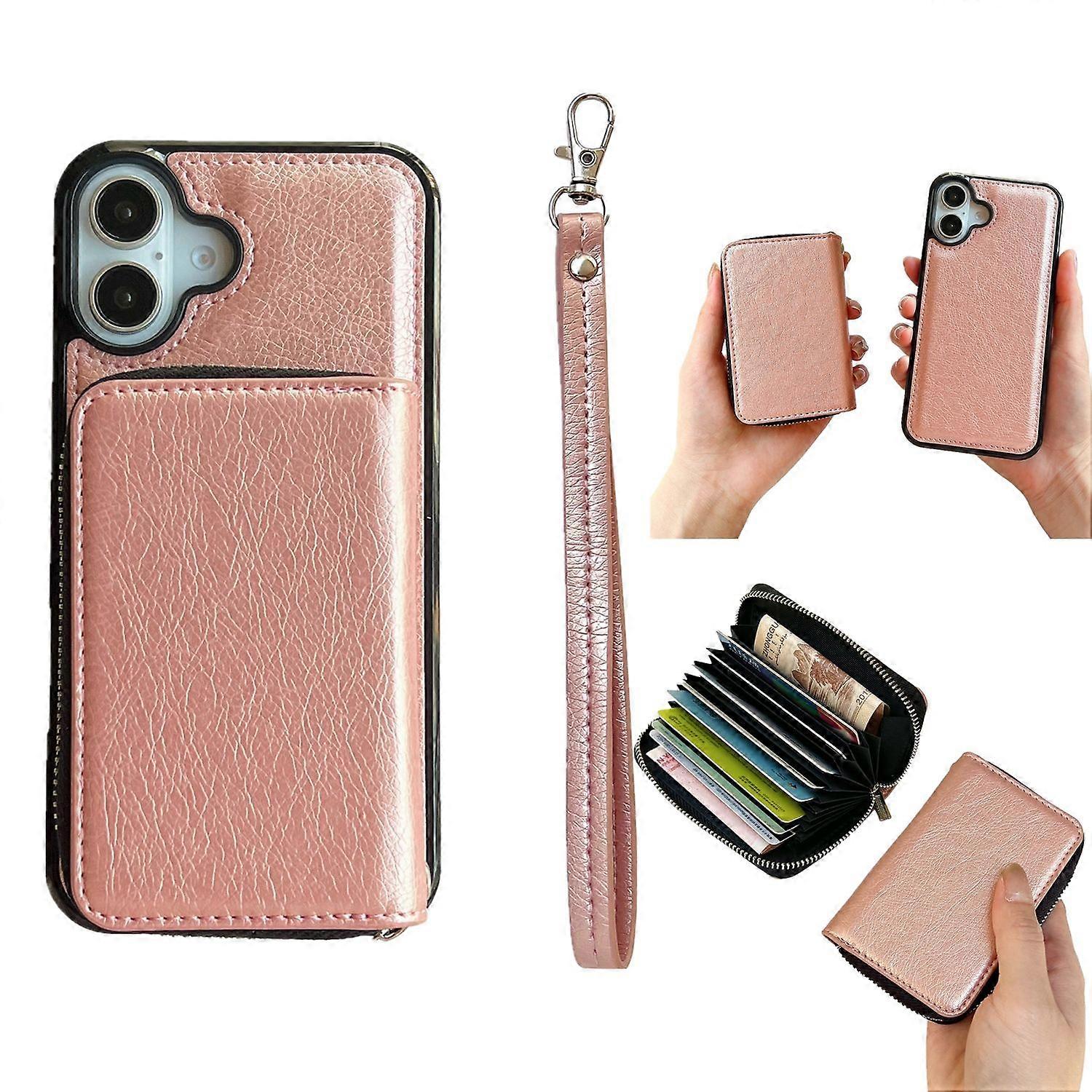 For iPhone 17 Case Detachable Zipper Card Bag PU TPU Kickstand Phone Case with Strap