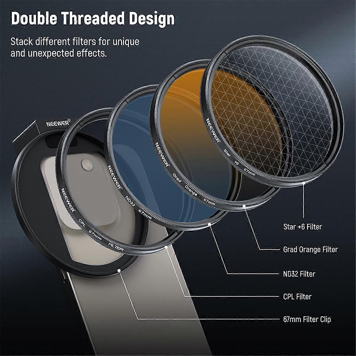 Filter Set of 7 Threaded Cell Phone Clip 67mm Filter Set