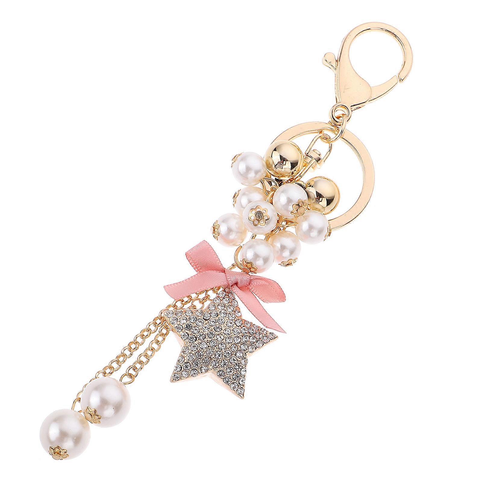 Rhinestone Keychain Pearl Bow Pendant for Decor 2Pcs Pink Alloy Star Key Chains