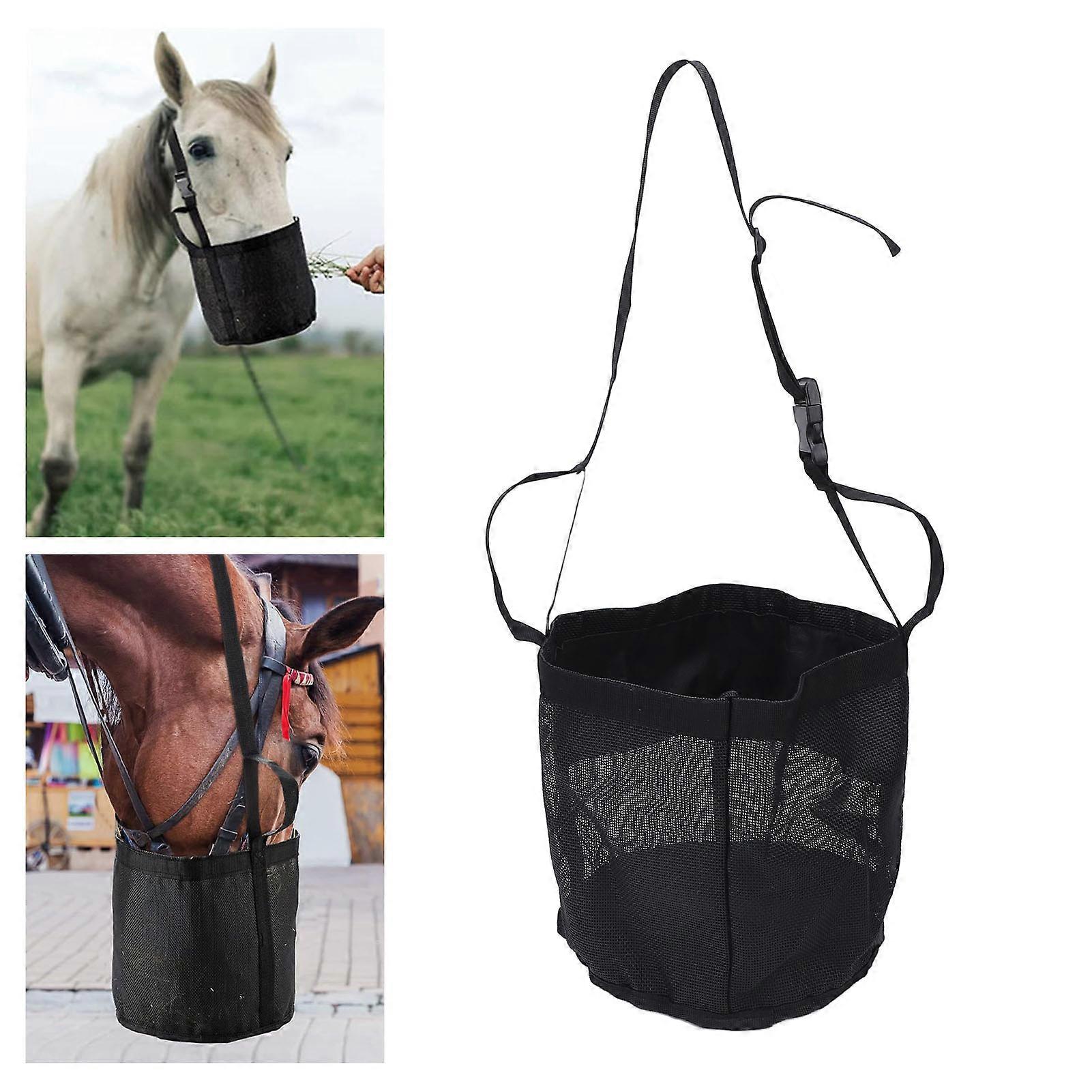Horse Hay Feeding Bag with Adjustable Neck Strap Spill Proof Nylon Mesh Feed Bucket for Cattle Sheep Horses M 