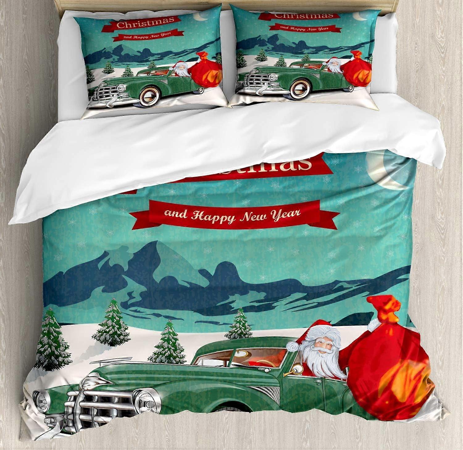 Christmas Duvet Cover Set, Santa Claus in Classic Car with Toys, 3PC Bedding Set with 2 Pillowcases, Teal Red, compatible with standard sizes