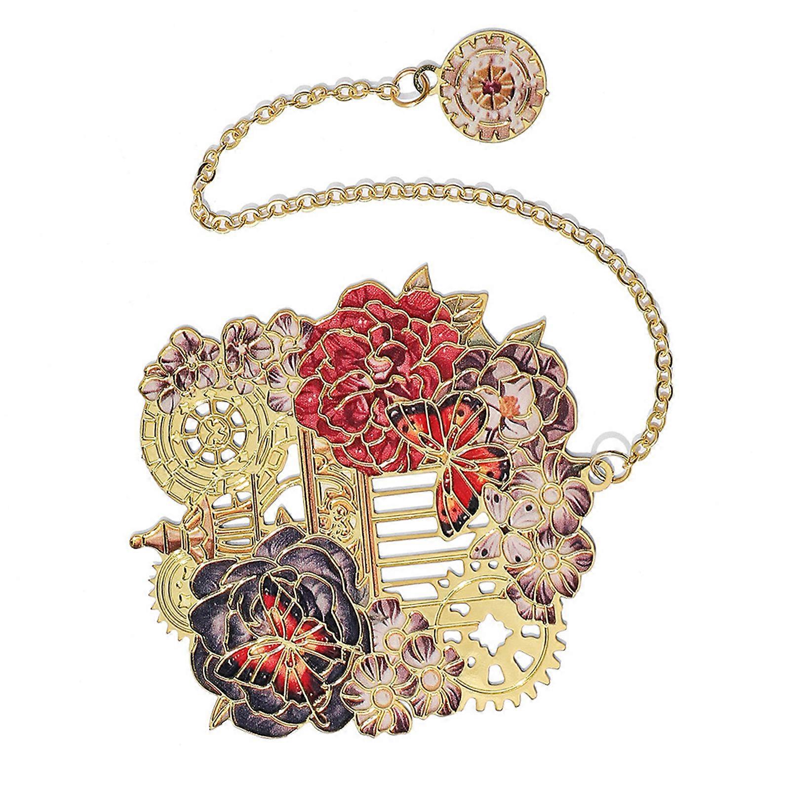 Retro Bookmarks Flower & Clock Bookmarks with Pendant Chain Page Markers Stylish Reading Bookmarks Creative Bookmarks Multicolor