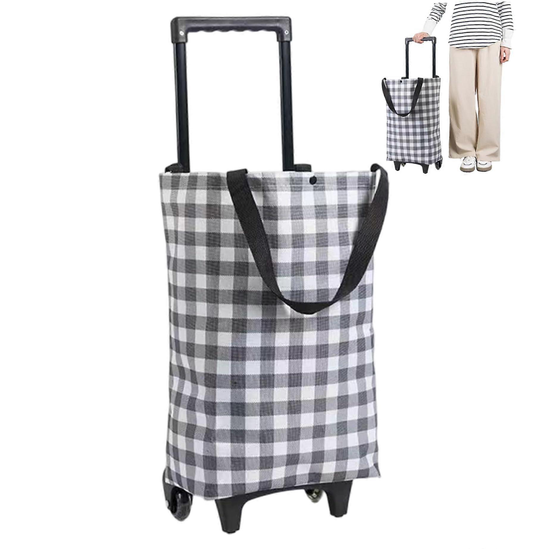 Shopping Bag On Wheels Waterproof Foldable Trolley With Telescopic Handle, Checkerboard Pattern, Portable Reusable Bags