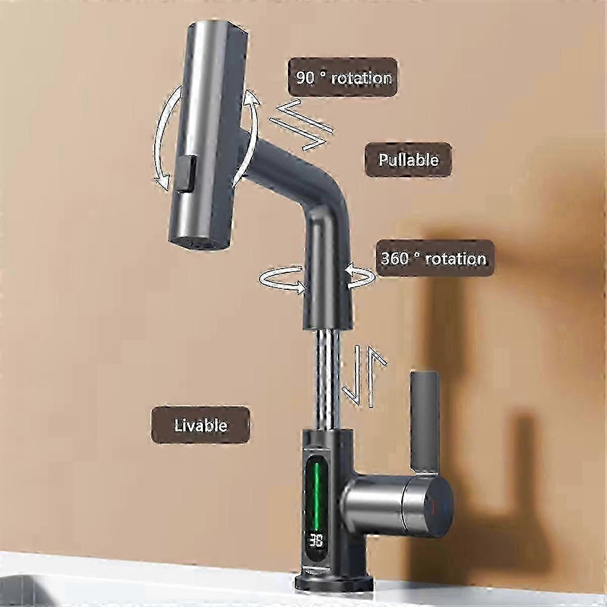 Waterfall Basin Faucet Pull-Out Kitchen & Bathroom Faucet Rainfall Temperature Digital Display No Battery