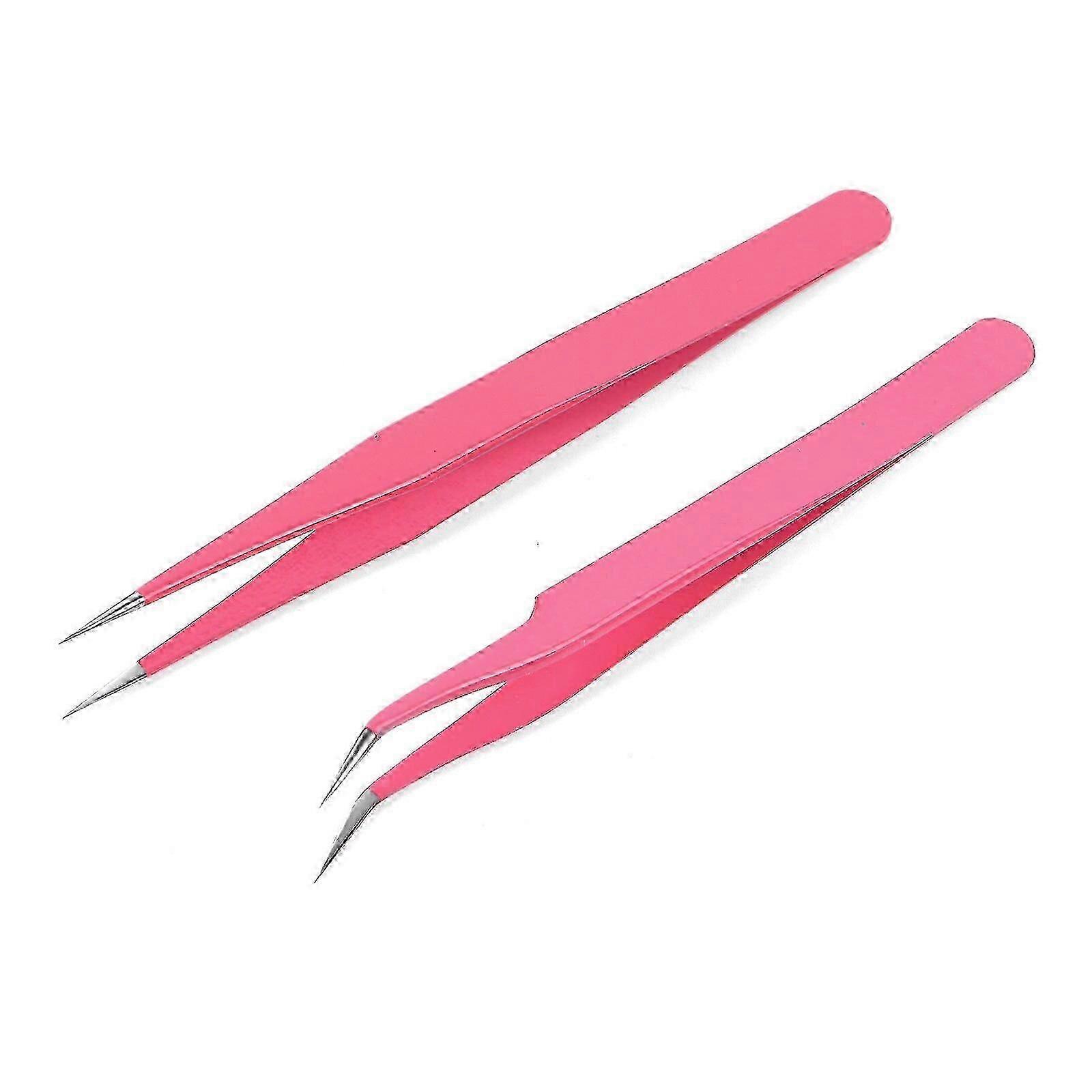 Set of 2 Straight and Curved Tip Eyelash Extension Applicators, Stainless Steel, Pink