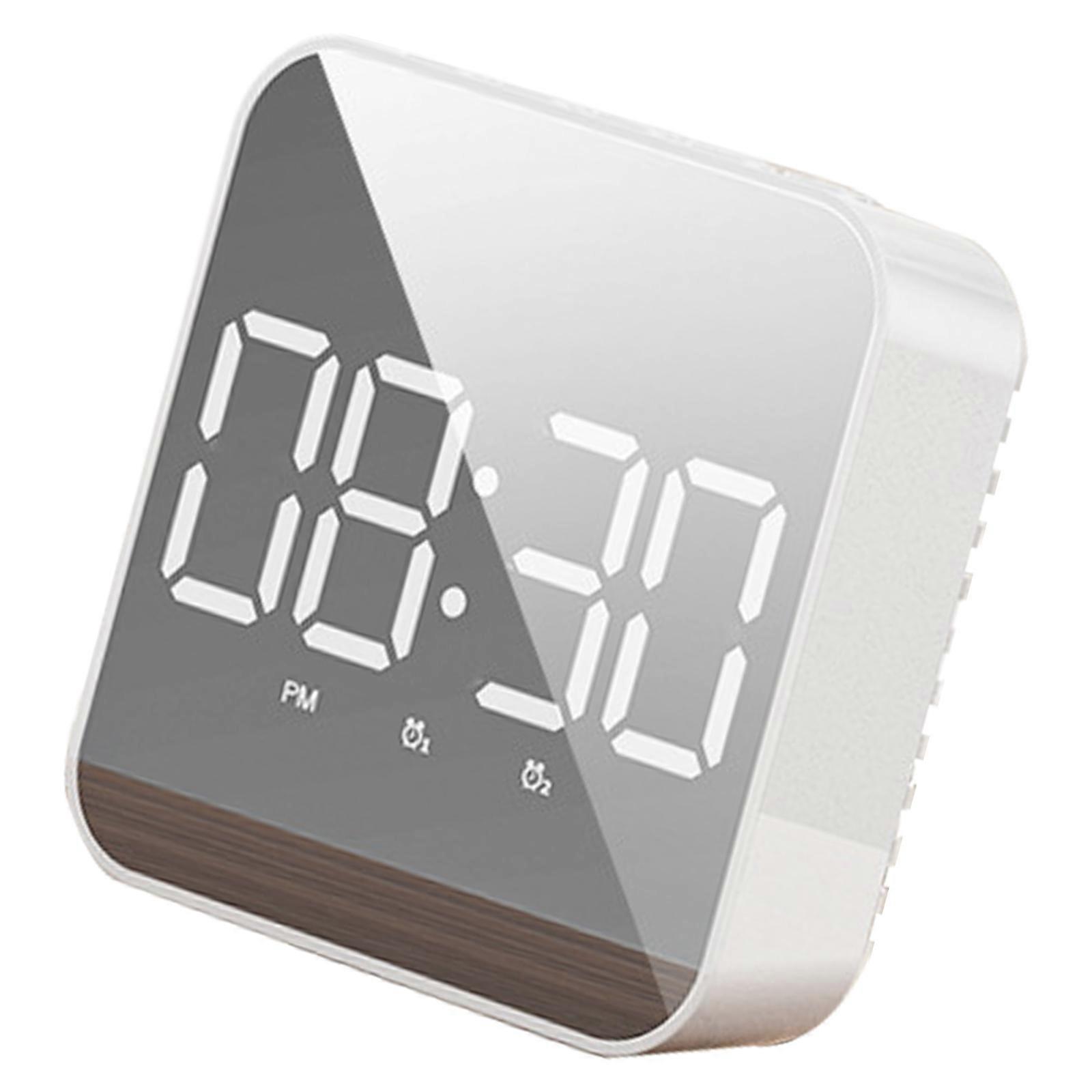 Voice Control LED Digital Mirror Alarm Clock with Temperature Date Display 2 Alarms Function Electronic Table Clock  White