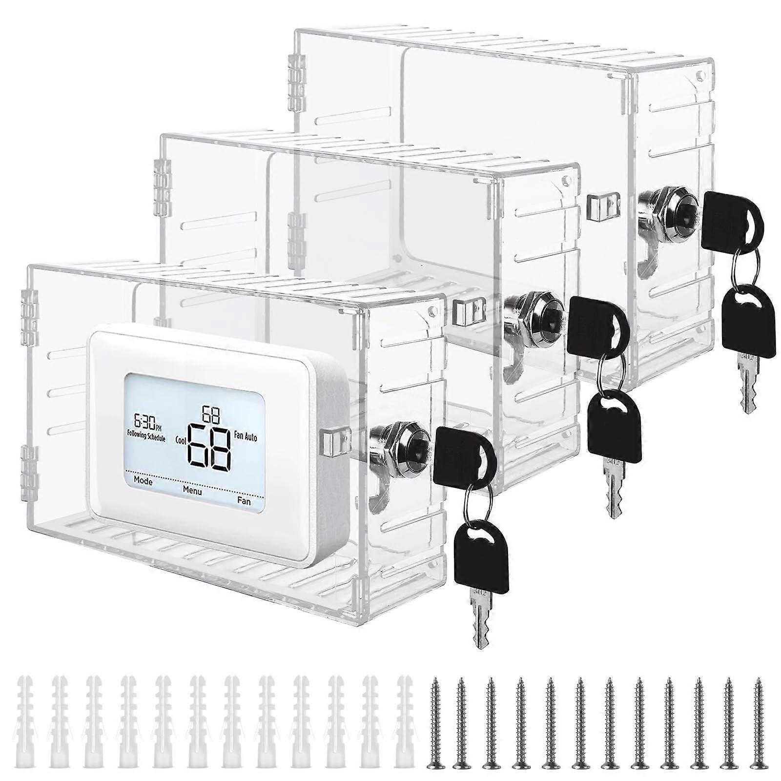 3 Pack Clear Thermostat Lock Box with Key, Universal Thermostat Guard for Wall Mount, Fits 7x4.4x2 in