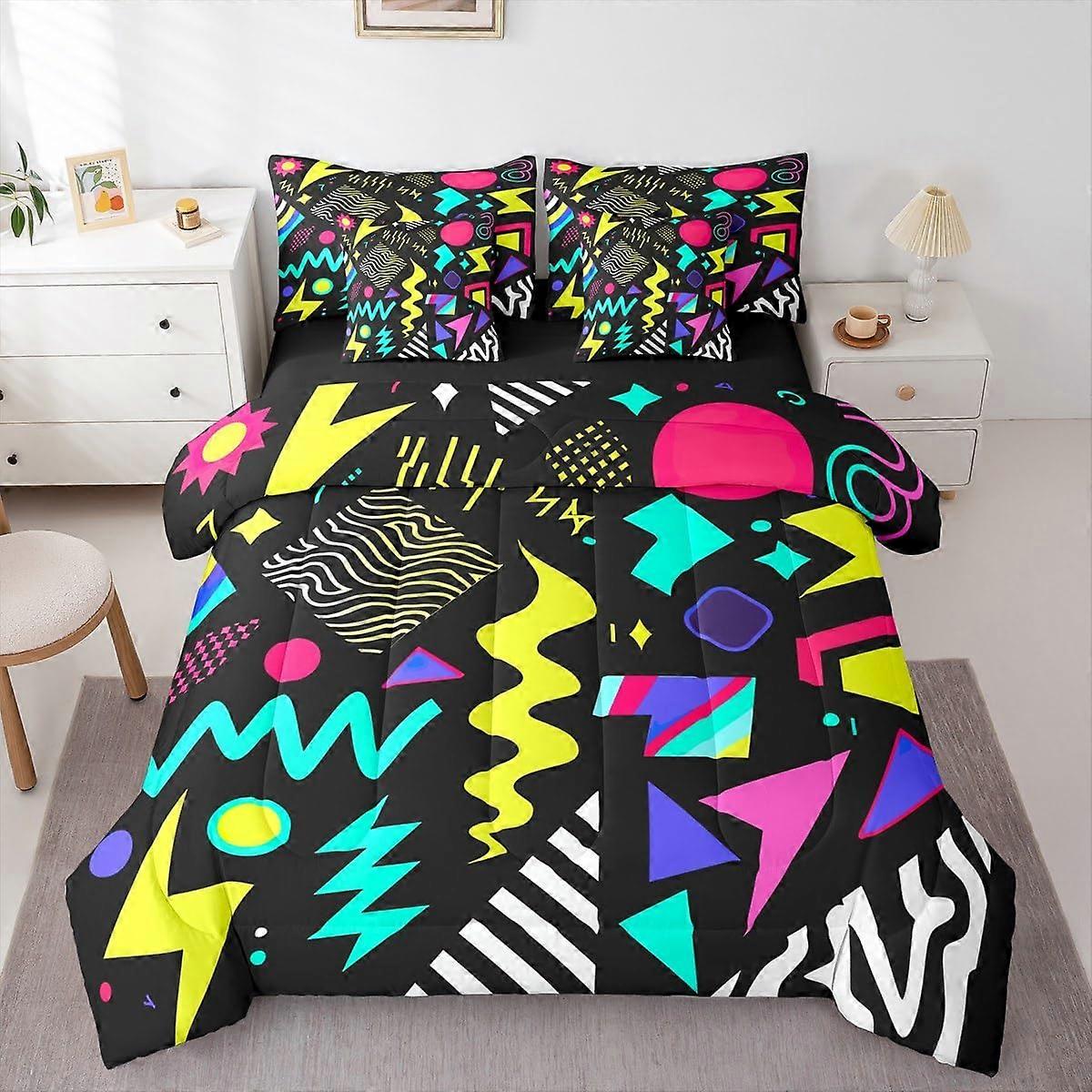 Queen Comforter Set Bed in a Bag 7 Piece Colorful Geometric Hip Hop Retro Bedding for Teens