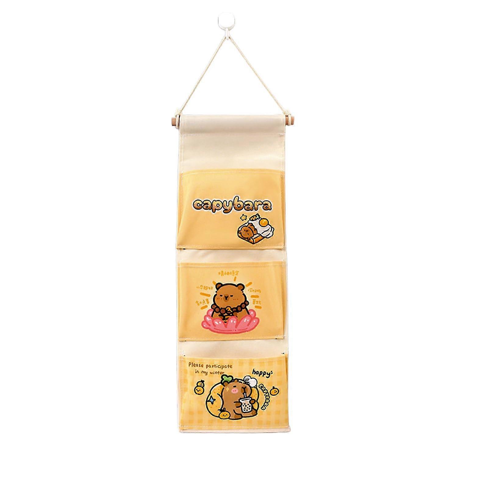 Capybara Wall Hanging Storage Organizer with Hooks, Cute MultiPocket Fabric Bag for Bedroom Kitchen