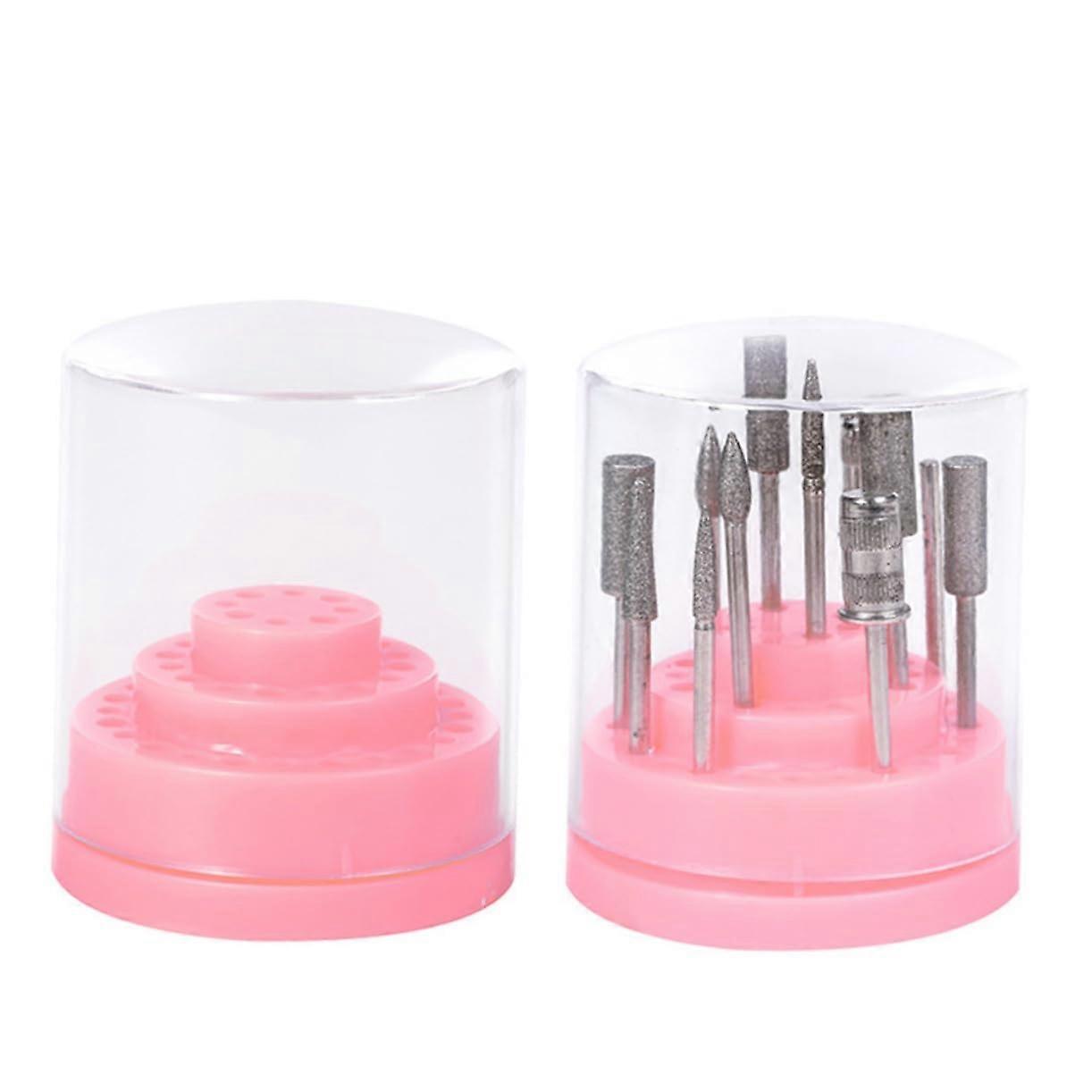 Nail Drill Bit Holder Organizer Compact Storage Box with Secure Dustproof Protection Pink