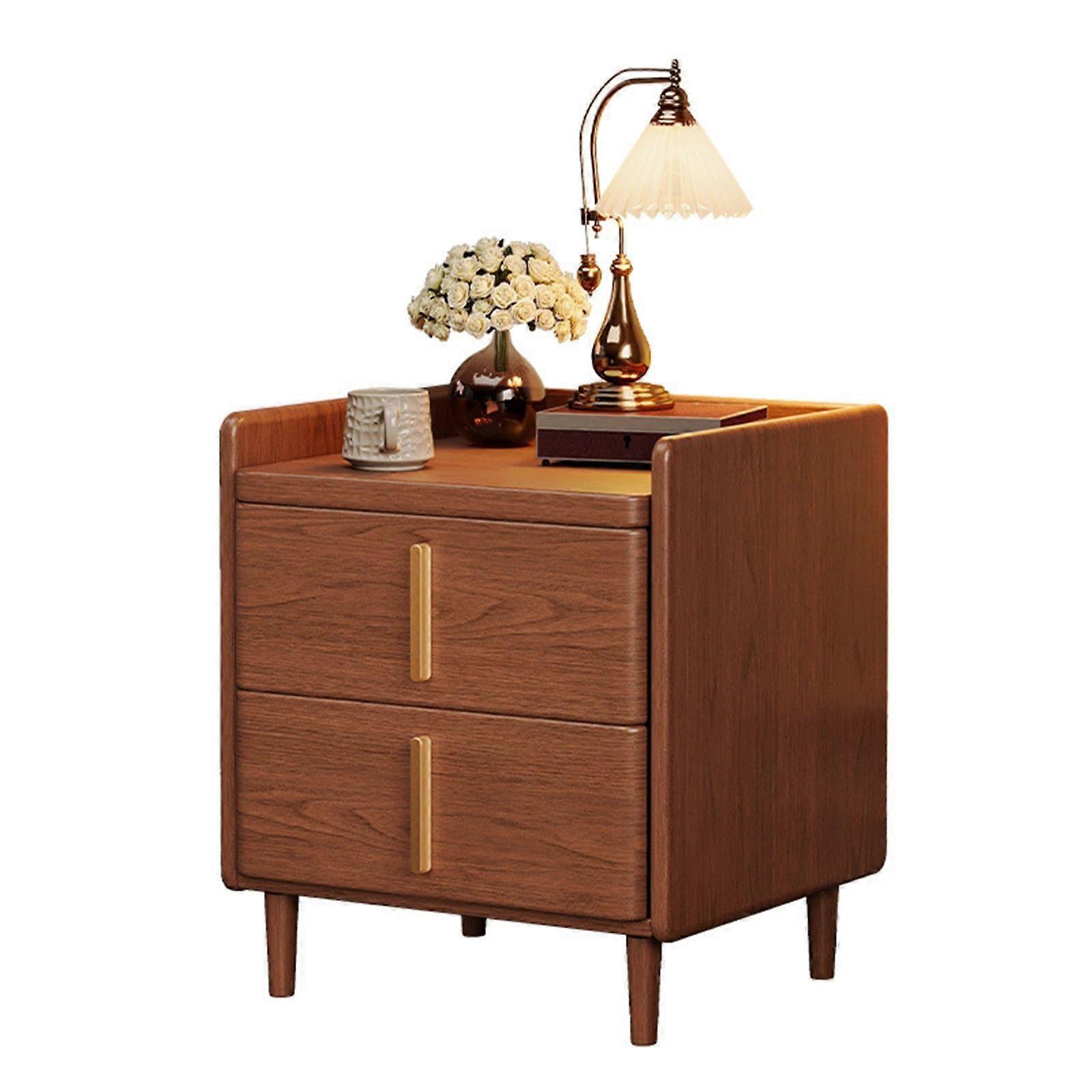 Solid Wood Nightstand with Double Drawer Storage, Gold Handles, Modern Bedside Table 50x40x55cm