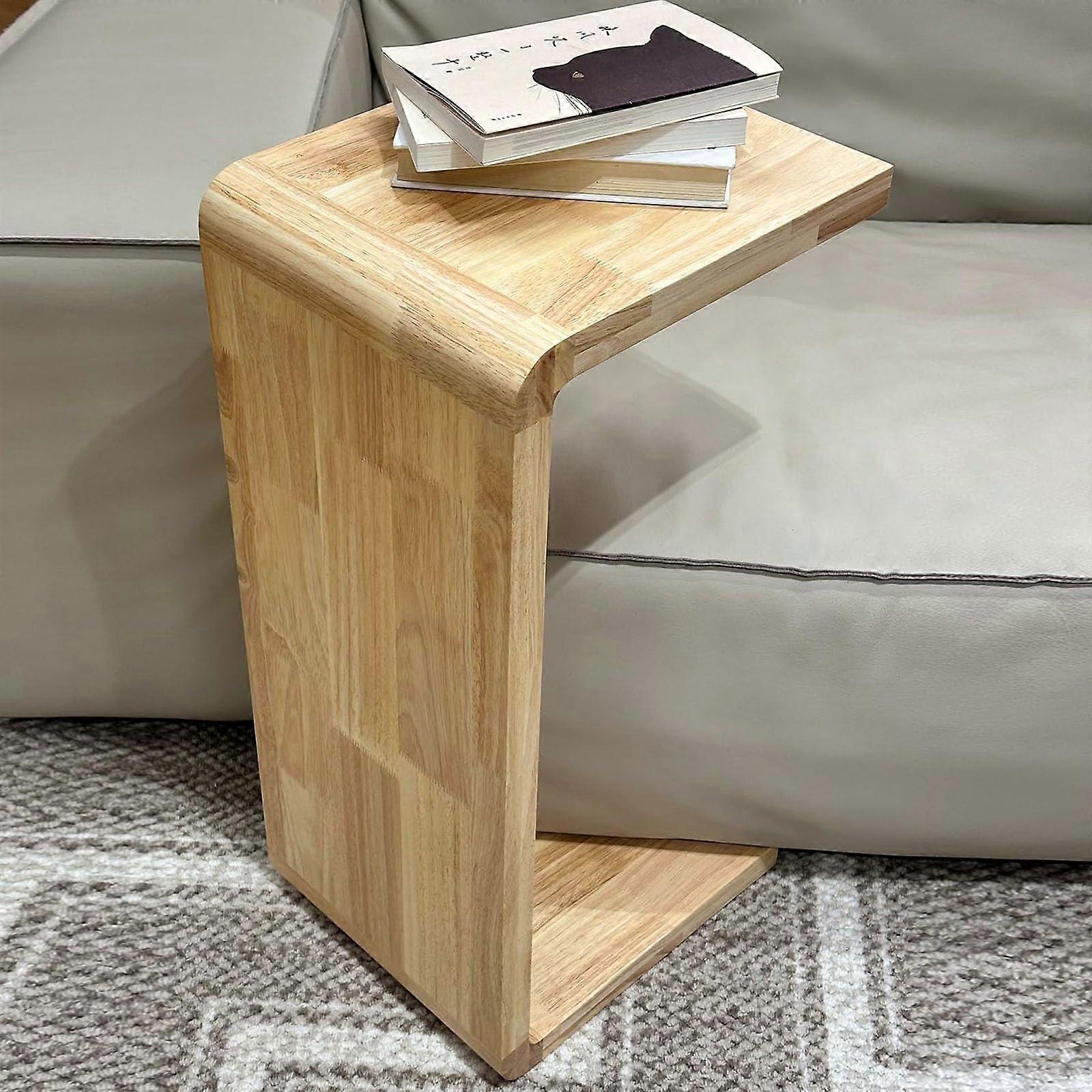 C Shaped Solid Wood Side Table for Couch, SpaceSaving End Table 24.4in Log Color