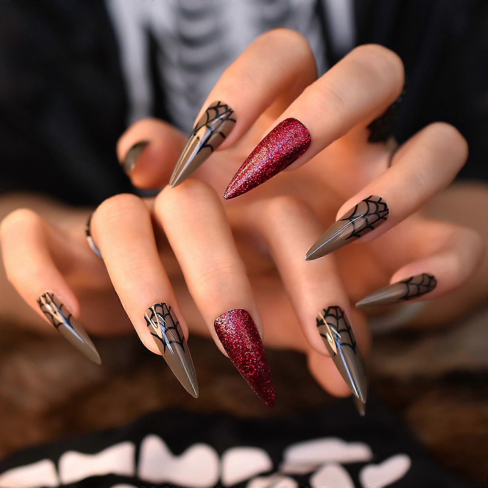 Halloween Press On Nails Stiletto Super Long Spider Web Red Glitter Reusable False Nail Tips