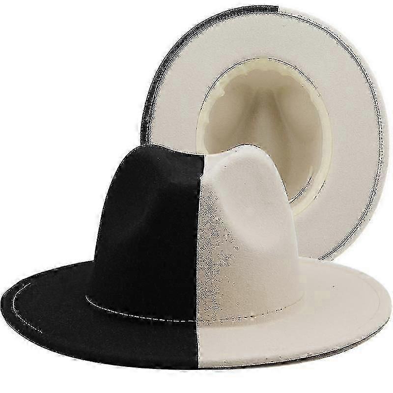 Black White Patchwork Wool Felt Fedora Hat Wide Brim Unisex