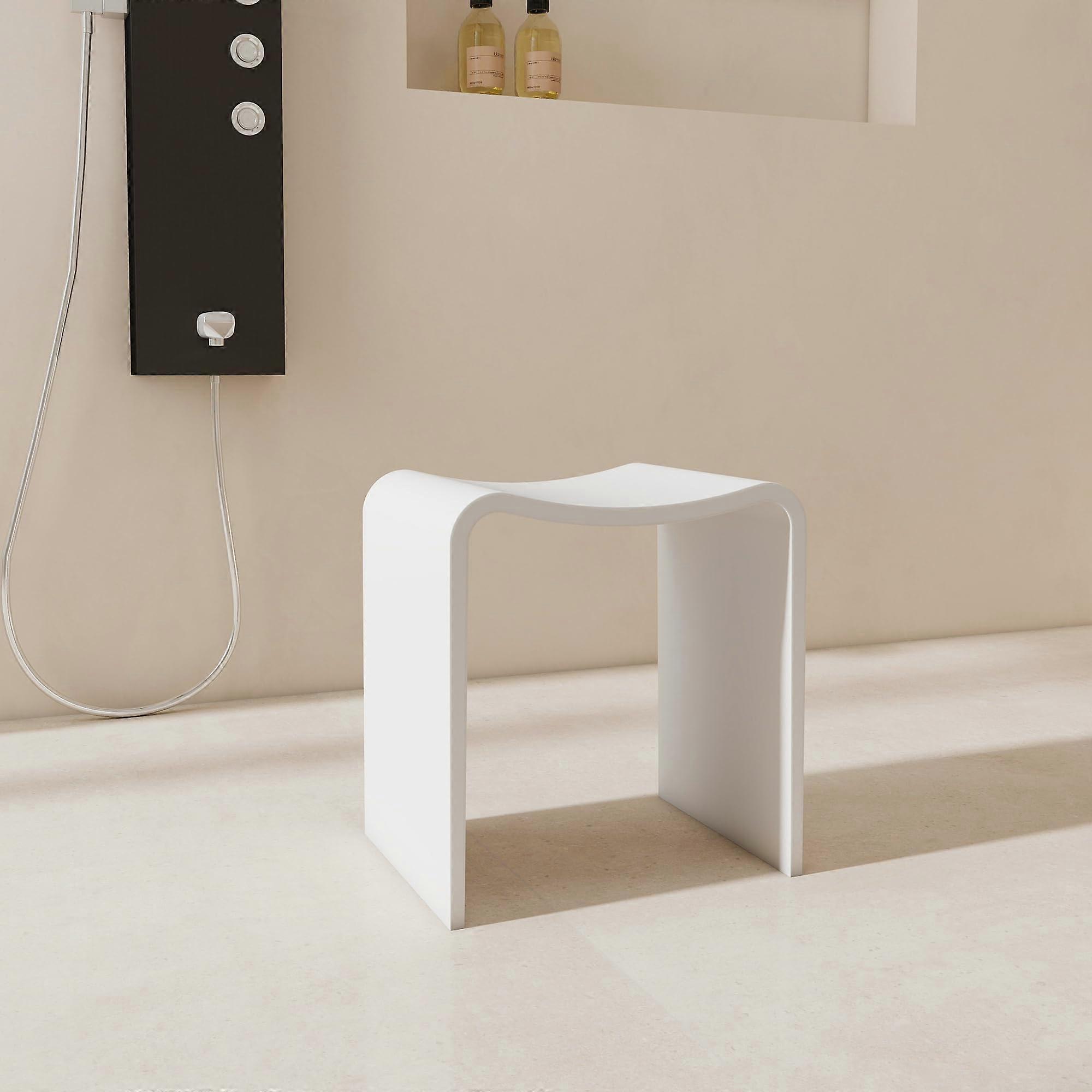 Waterproof Shower Stool Matte White Solid Surface Bathroom Bench 400 lb Capacity Curved U Design