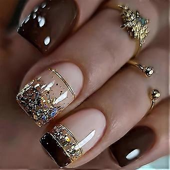 24 Stück künstliche Fingernägel im French-Tip-Stil mit Goldfolie, kurze, quadratische Nägel zum Aufkleben