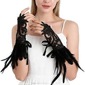 Fingerlose Spitzenhandschuhe – Festliche Cosplay-Federn, Party-Handgelenkstulpen mit verstellbarem Band, Damenhandschuhe, Mädchen-Content-Creator-Sl