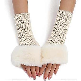 2 Pair Furry Gloves Fingerless Thumb Hole Gloves Knit Arm Warmers Wrist Mittens for Women Writing Texting Driving