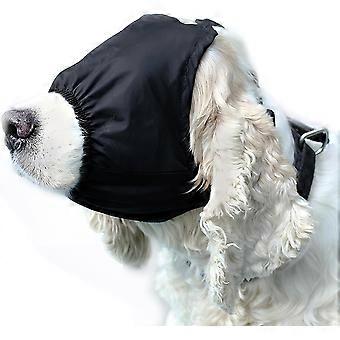Beroligende hette for hund, øyemaske, nylon skyggelegging, maske for kjæledyrangst, munnkurv for stell, mot bilsyke (svart, M)