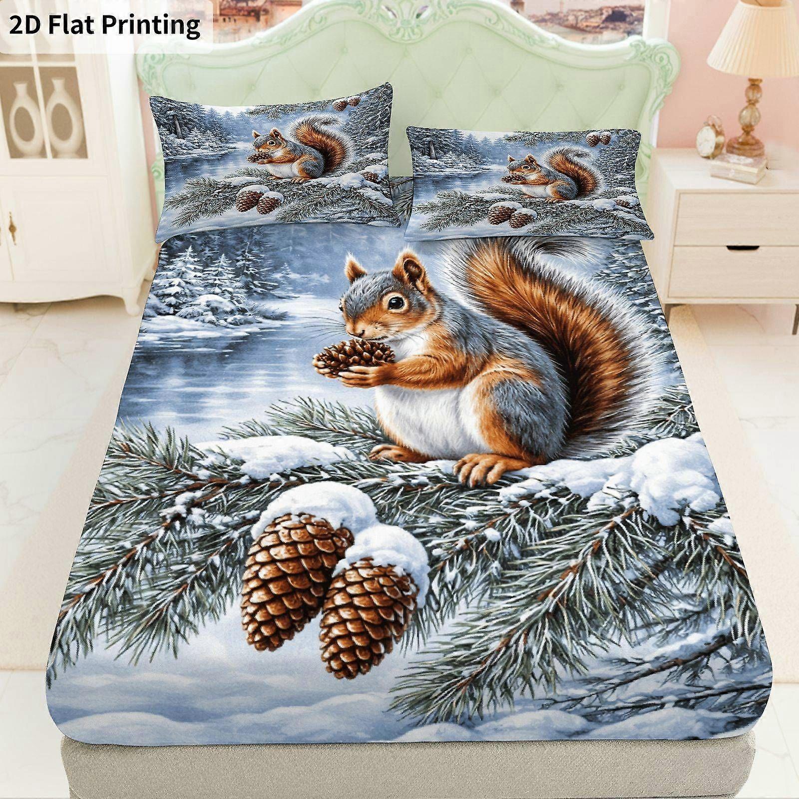 Squirrel Pinecone Pine Tree Fitted Sheet Set , Winter Theme, Forest Pine Branches Bedding, Mattress Protector Soft, Breathable
