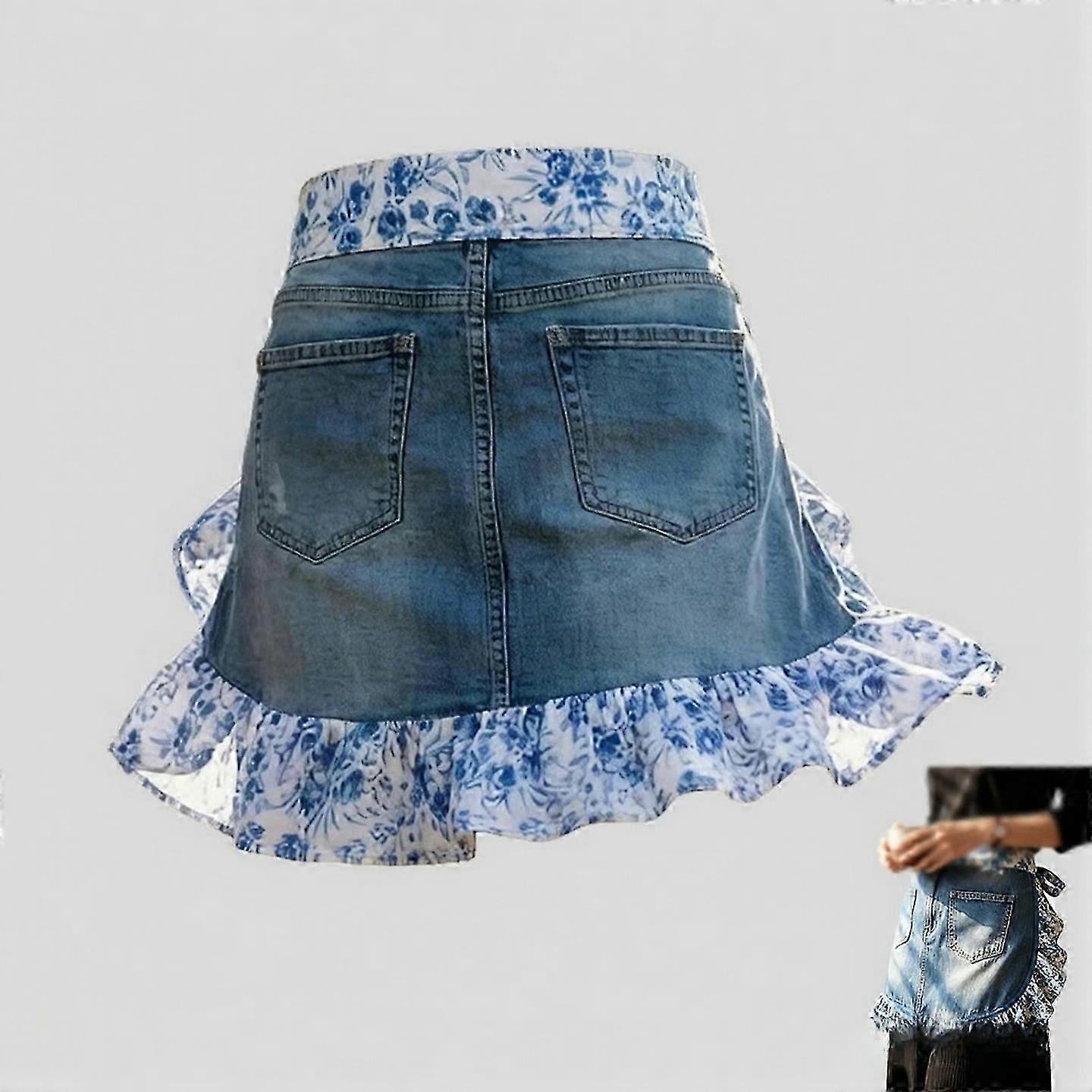 Denim Floral Ruffle Half Apron