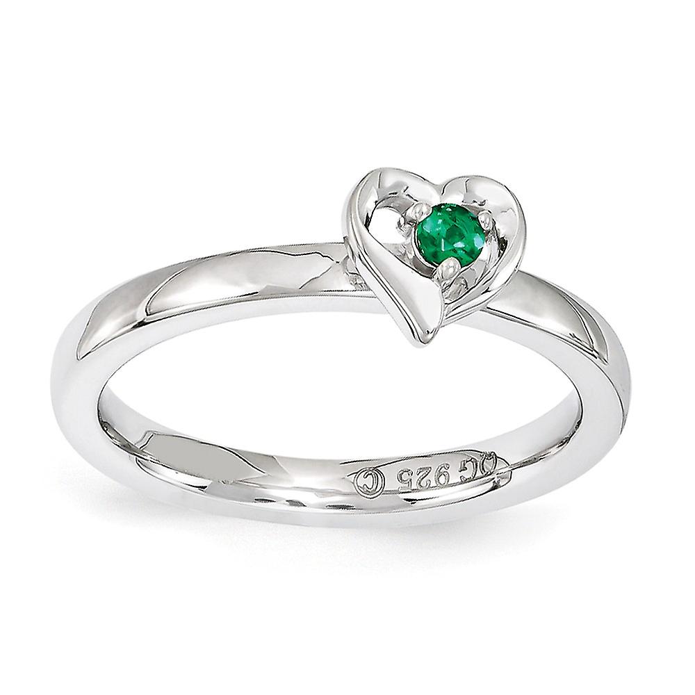 2.25mm 925 Sterling Silver Polished Prong set Stackable Created Emerald Love Heart Ring-Stackable-Ring for Women - Ring
