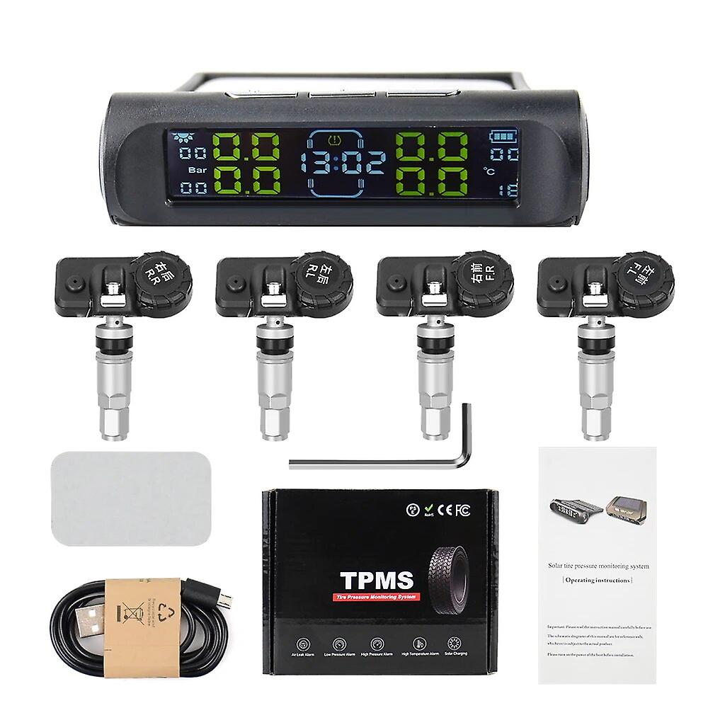 Universal Tpms Wireless Tire Pressure Monitoring System Solar Power Clock Lcd Display 4 External Sensor Tire Pressure Sensors