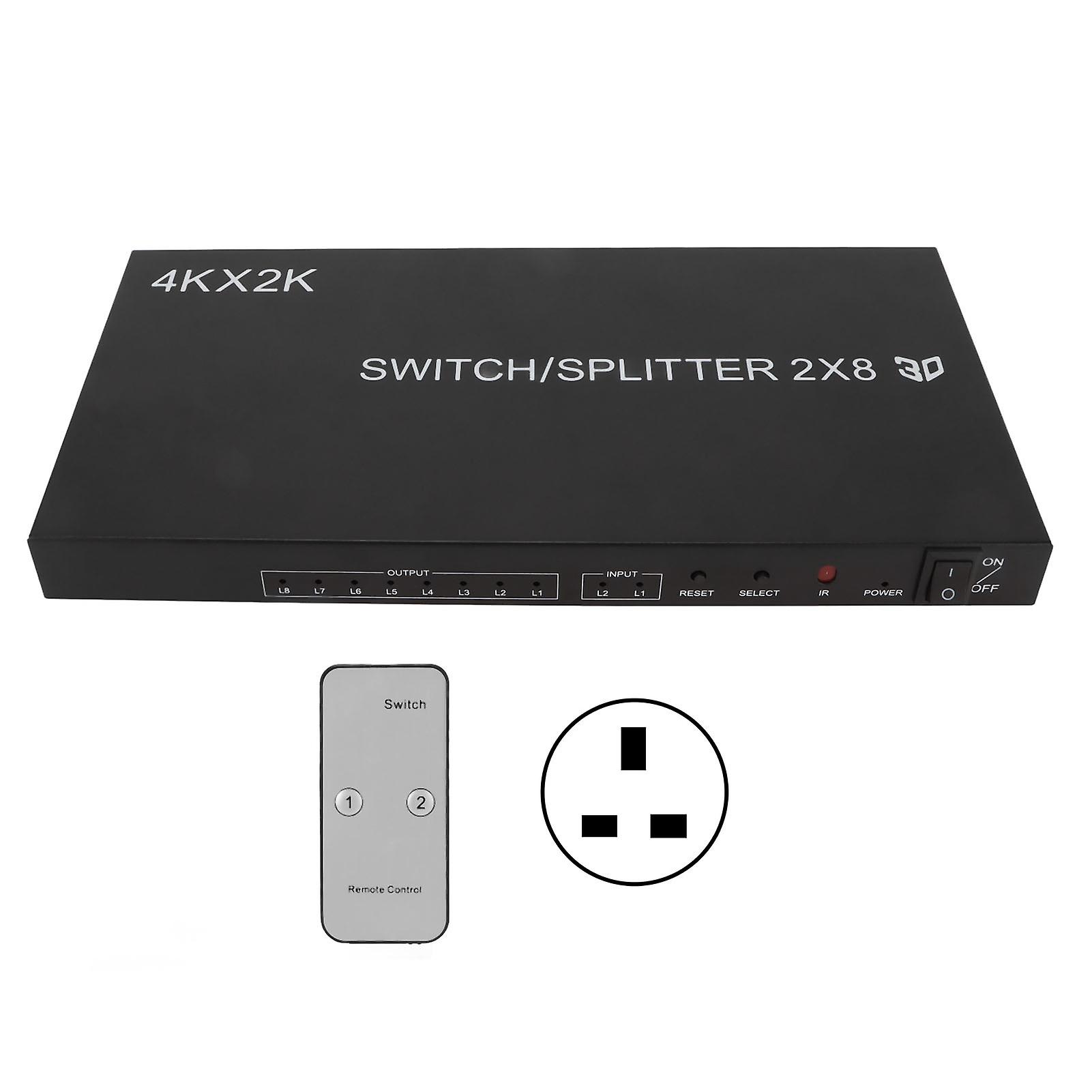 4K 2x8 HD Multimedia Interface Switch | Dual Input & Output | IR Remote | UK Plug