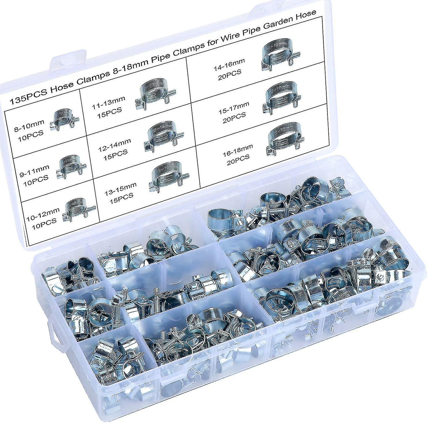 135-pack slangklämmor, förzinkade, 8-18mm (kui)