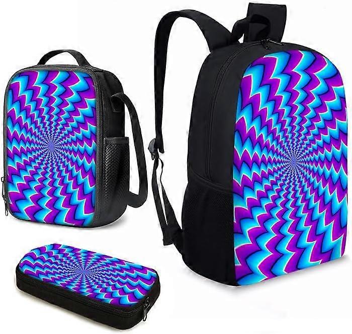 Blå-lila gradient virvel tryck 3 st canvas dagsryggsäck casual skolväska för tjejer, 17 tums ryggsäck set tonåring pojkar axel skolväskor isolerad lunch