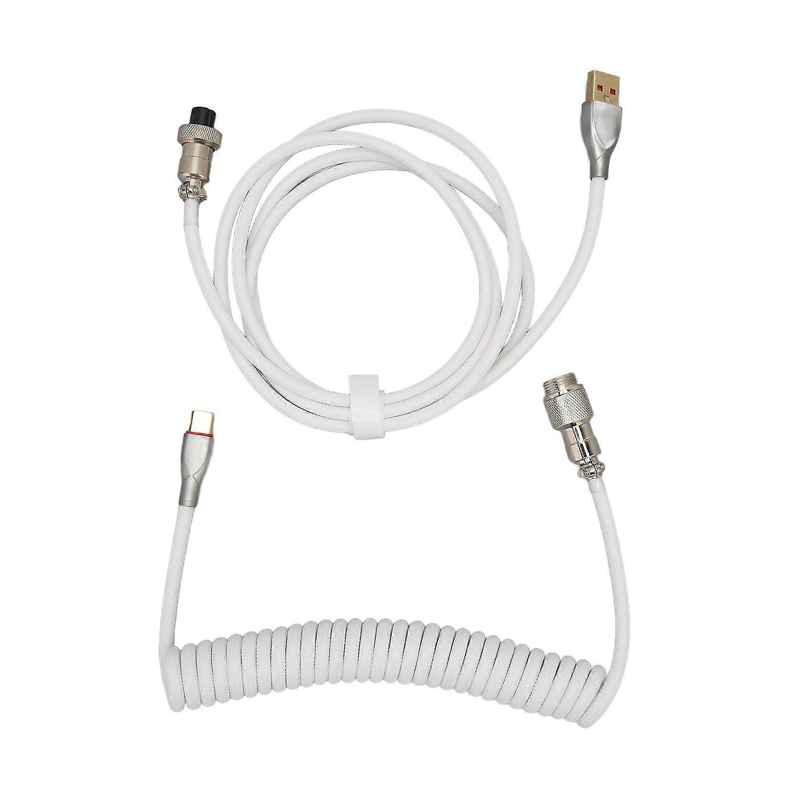 Mechanical Keyboard Cable Double Sleeve Custom Coiled with Detachable Metal Aviation USB C to USB A Keyboard Aviation Connector White