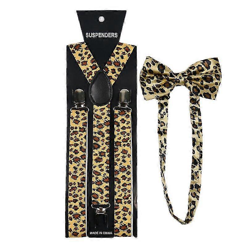 Unisex Suspender Bow Tie Set Wide Leopard Print Adjustable 3 Clip-on Y-back Belt, Khaki