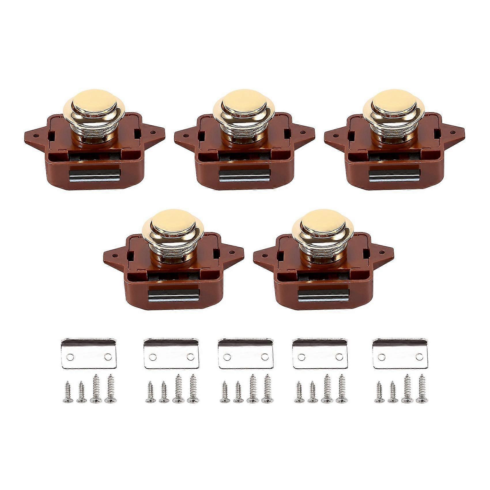 5pcs Keyless Push Button Catch Door Knob Lock For Rv Cabinet Boat Motor Home Cupboard, Brown Gold