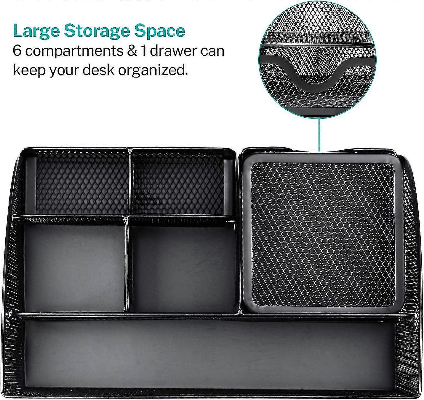 mesh desk organizer office desktop organizer with drawer, metal stationary organizer black desk caddy, 6 compartments, 8.7 x 5.5 x 5 inch, 1 pack