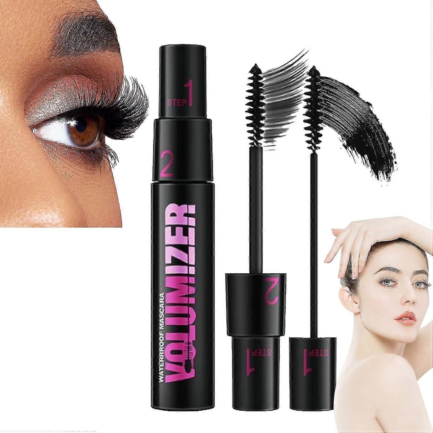 Mascara à double usage pour cils à boucles épaisses longues, mascara imperméable à l’eau longue durée 2 en 1 curl, mascara pour cils en fibre de soie 4d, imperméable à l’eau longue durée
