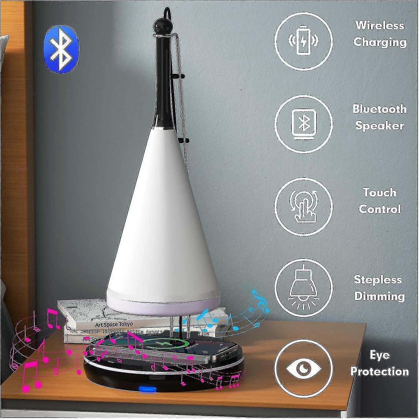 Table Lamp Bluetooth Speaker: Led Wireless Charging Bedside Lamp Touch Sensor Stepless Dimming Desk