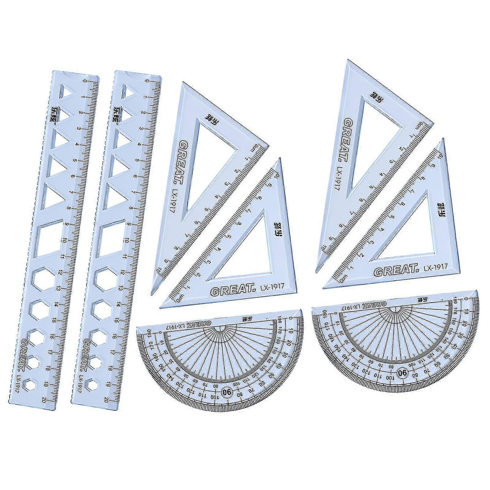 Math Geometry Tools, 4 Pieces Scale Ruler Set, Includes Linear Ruler, Protractor, Set Squares, For Student Drawing And Drafting (blue)
