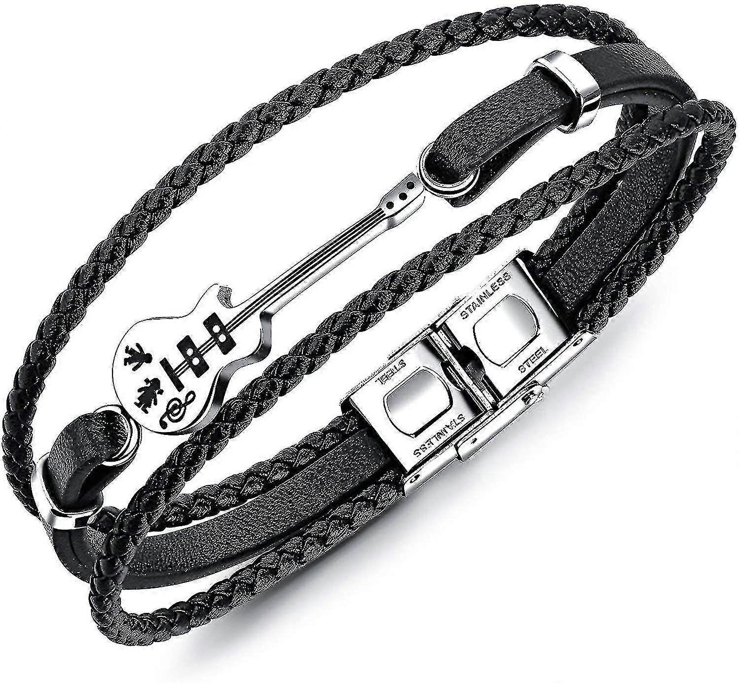 Unisex Rostfritt stål Läder Gitarr HandVävd Multilayer Armband Herr Musik