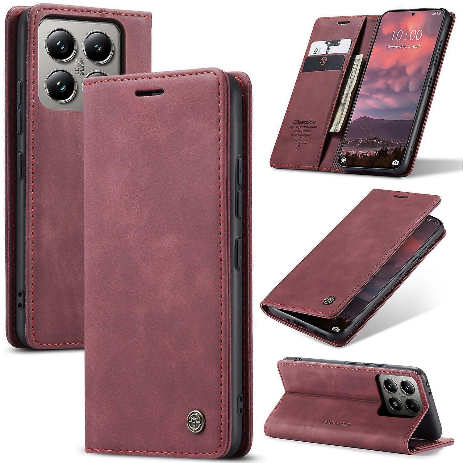 For Xiaomi 14T Pro Case CASEME 013 Series Card Holder Stand Leather Phone Cover - Red