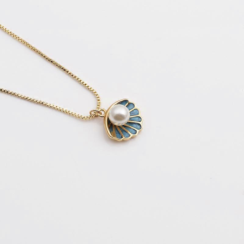 Seashell Pendant Necklace, Enamel Shell Blue Necklace for Women,Delicate Small C